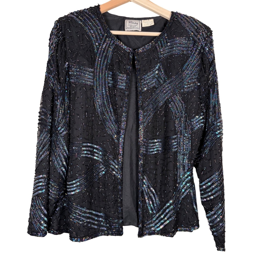 Stenay Black Beaded Sequin‎ Statement Jacket M Silk Made in India Lined Formal
